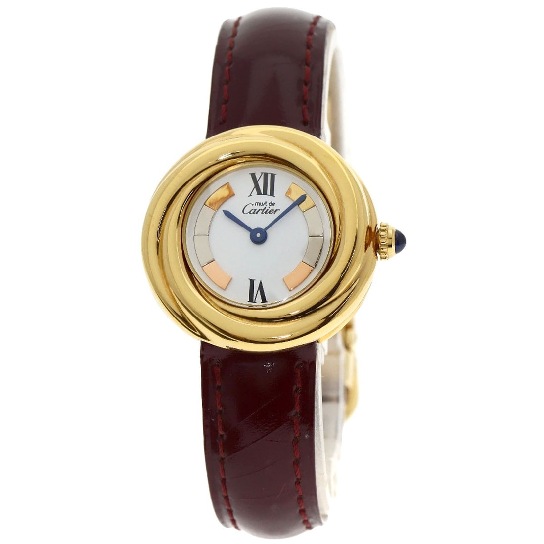 Leather Gold Plated Watches Trinity Must Cartier W1010644: Leather Gold Plated Watches Trinity Must Cartier W1010644 Gold Plated Watch with White Dial and Bezel, 27mm Case Size, Quartz Movement. This leather gold plated watch features an analog display and
