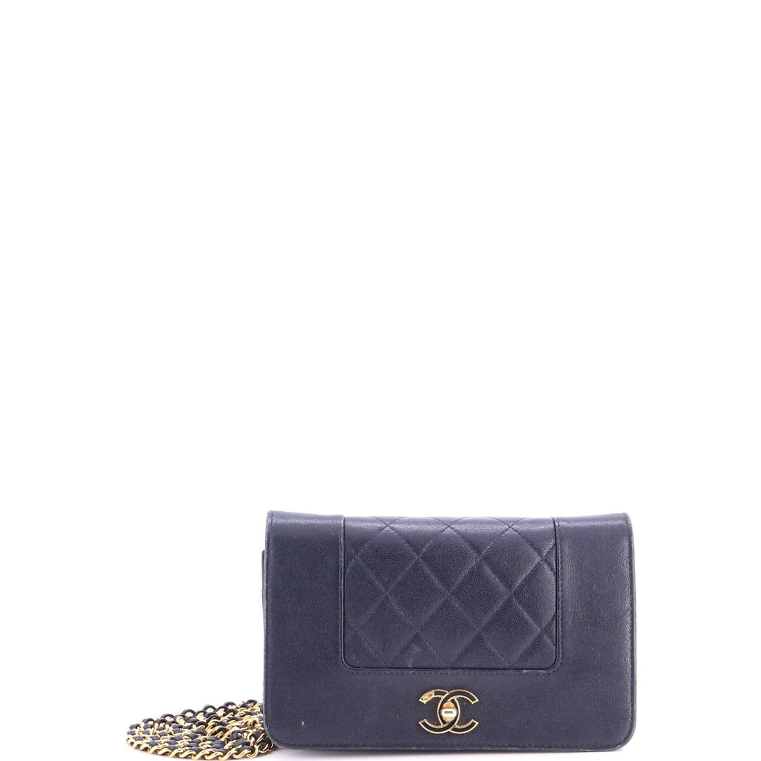 Chanel Mademoiselle Vintage Wallet on Chain Quilted Sheepskin: Chanel Mademoiselle Vintage Wallet on Chain Quilted Sheepskin The Chanel Mademoiselle Vintage Wallet on Chain Quilted Sheepskin boasts a striking blue leather exterior with gold hardware, complemented