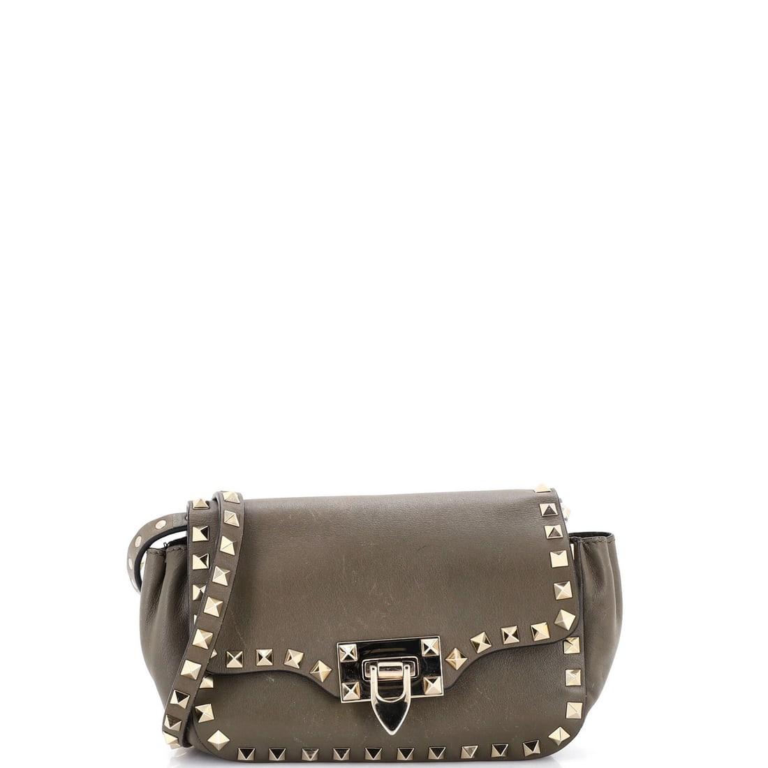 Valentino Garavani Rockstud Leather Flip Lock Bag Mini: Valentino Garavani Rockstud Leather Flip Lock Bag Mini The Valentino Garavani Rockstud Leather Flip Lock Bag Mini boasts a striking green exterior with heavy scuffs and edge wear, showcasing a unique,