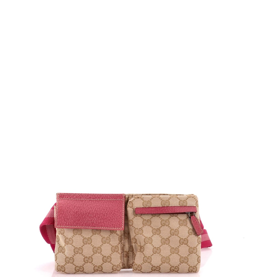 GG Canvas Bag Double Belt with Leather Small Gucci Vintage: GG Canvas Bag Double Belt with Leather Small Gucci Vintage Canvas Plain Leather Small Gucci Vintage Double Belt Bag GG with Pink Exterior, Brown Interior, and Silver Hardware. This pink canvas bag fea