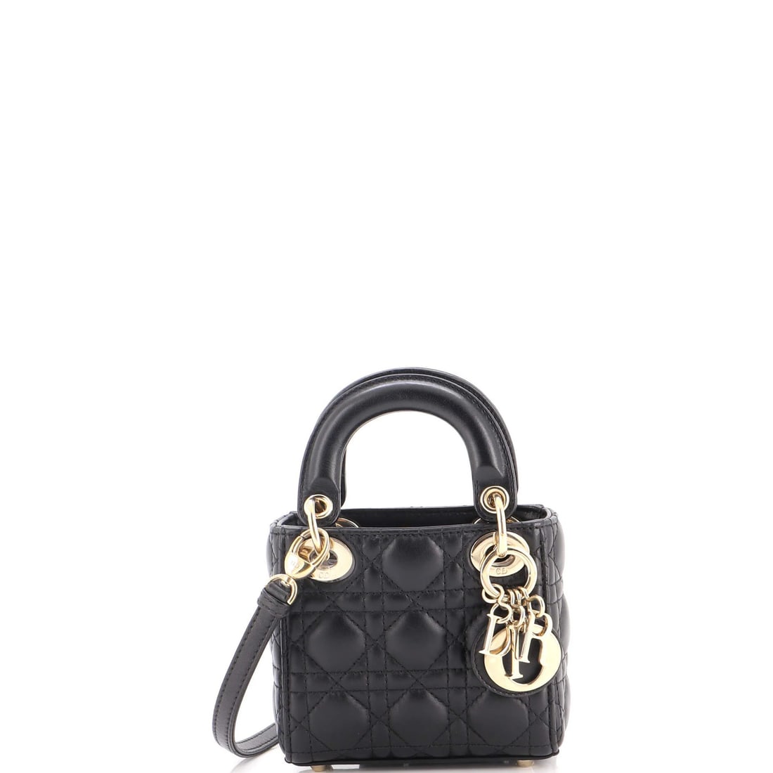 Lady Dior Bag Cannage Quilt Lambskin Christian Micro: Lady Dior Bag Cannage Quilt Lambskin Christian Micro Black Lady Dior Bag Cannage Quilt Lambskin Micro with gold tone hardware, featuring a microfiber black interior and scuffed leather exterior with m