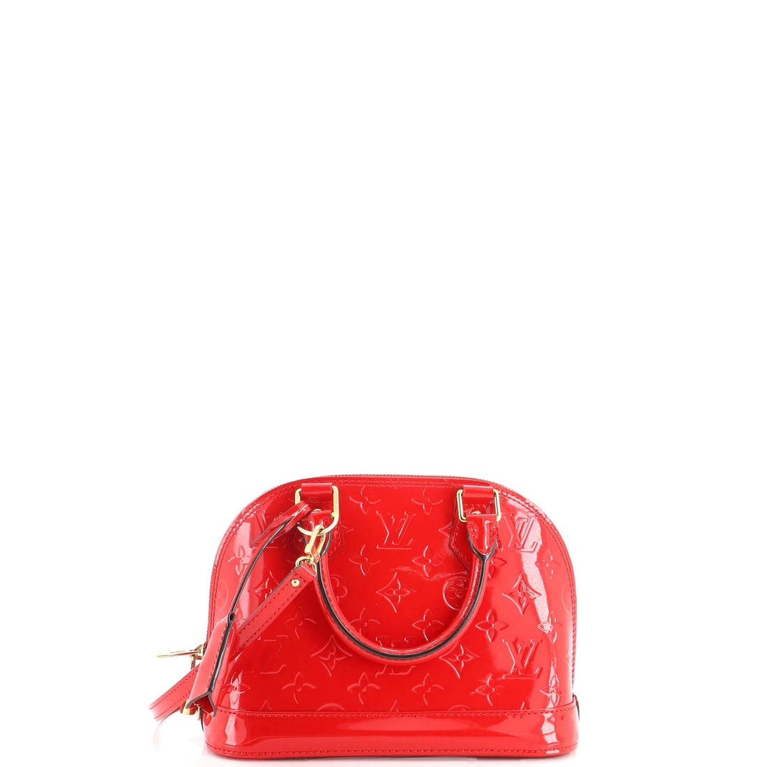 Louis Vuitton Alma Monogram Vernis Handbag: Louis Vuitton Alma Monogram Vernis Handbag The Louis Vuitton Alma Monogram Vernis Handbag boasts a striking red patent leather exterior, adorned with the iconic Monogram Vernis pattern. Measuring 7"