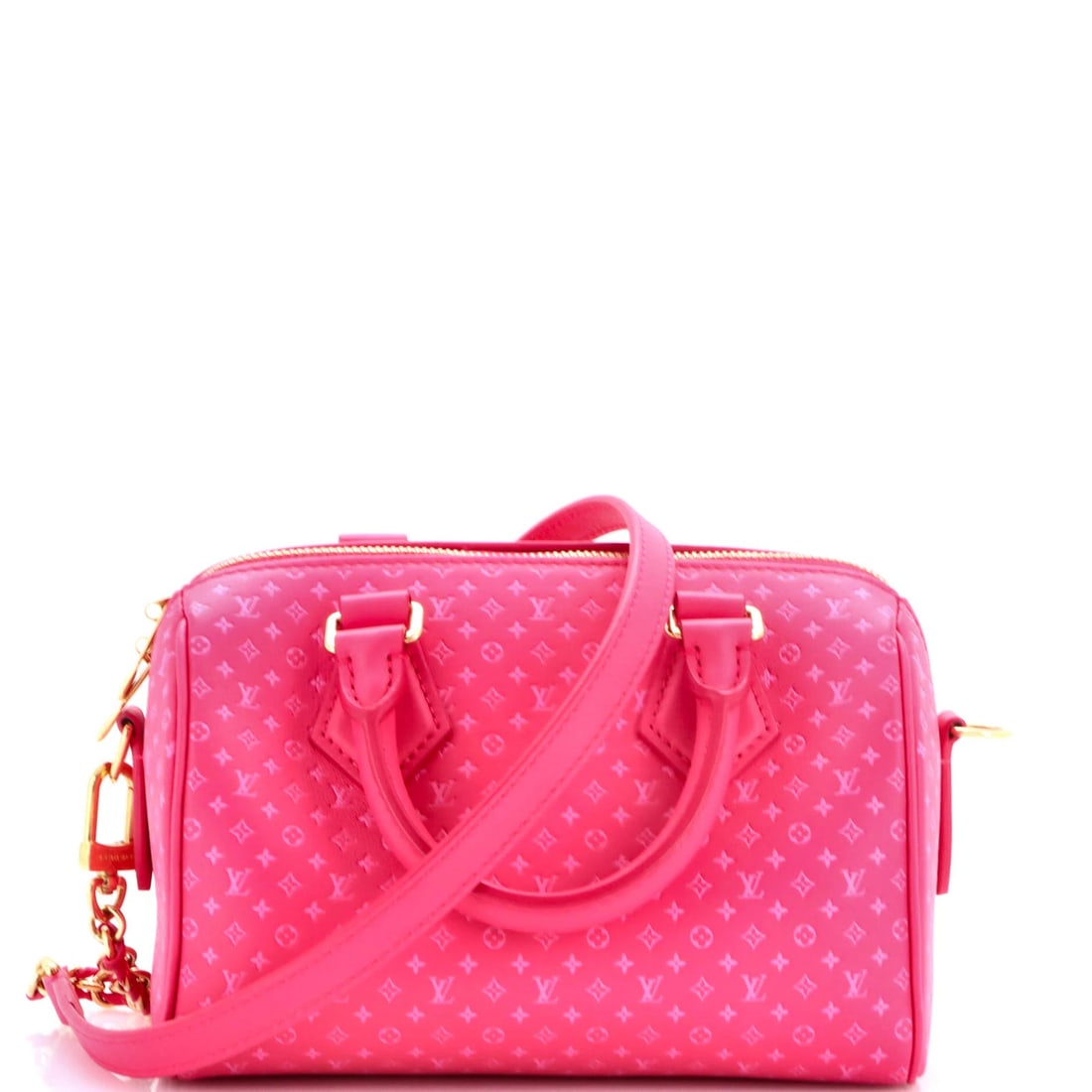 Speedy Bandouliere Bag Nanogram Embossed Leather Louis Vuitton: Speedy Bandouliere Bag Nanogram Embossed Leather Louis Vuitton Pink Nanogram Embossed Leather Louis Vuitton Speedy Bandouliere Bag with Gold Hardware, featuring a classic top handle design and