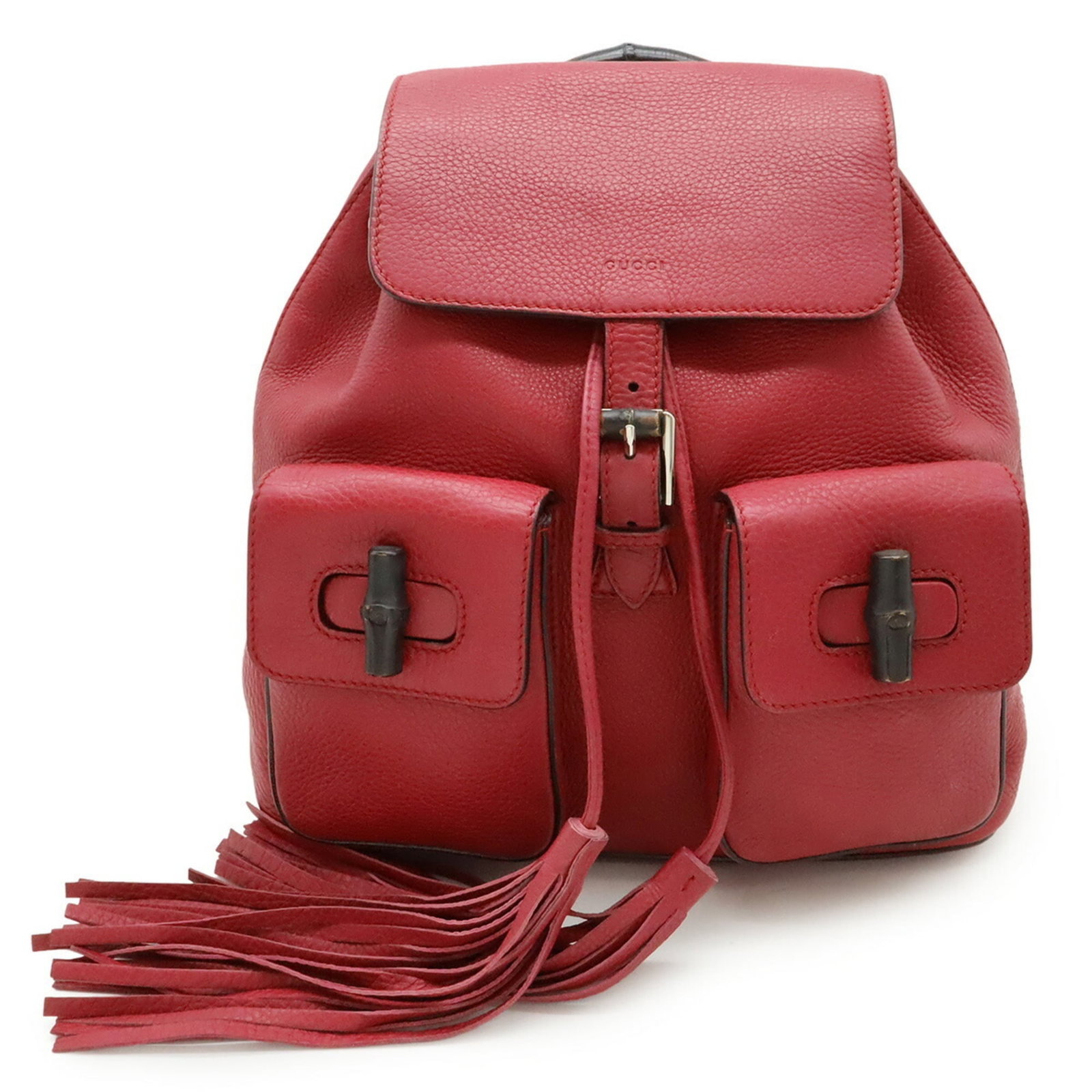 Gucci Backpack Shoulder Bag Bamboo Leather: Gucci Backpack Shoulder Bag Bamboo Leather Bamboo leather and bold red color make this Gucci backpack shoulder bag a striking accessory. With its compact 30cm x 30.5cm x 9.5cm dimensions, it's