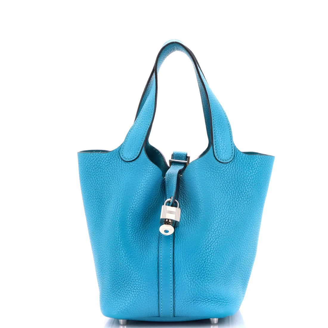 Picotin Lock Bag Clemence Hermes: Picotin Lock Bag Clemence Hermes The Picotin Lock Bag Clemence PM from Hermes boasts a striking blue exterior with raw leather interior, adorned with palladium hardware. Minor imperfections, such as