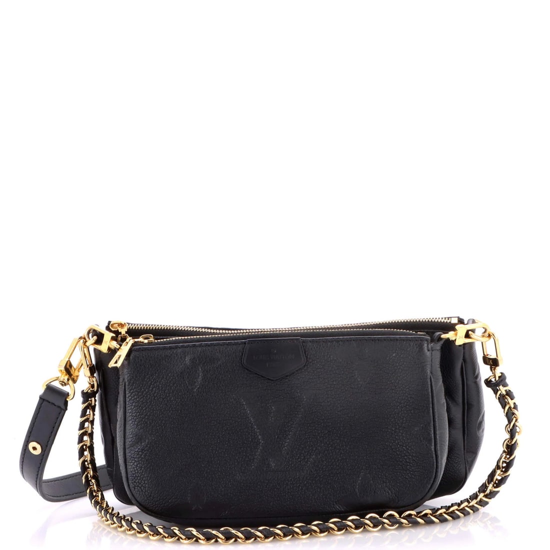 Louis Vuitton Giant Pochette Accessoires Monogram Empreinte: Louis Vuitton Giant Pochette Accessoires Monogram Empreinte Black leather Louis Vuitton Giant Pochette Accessoires Monogram Empreinte cross body bag with gold hardware, featuring a multi Pochette