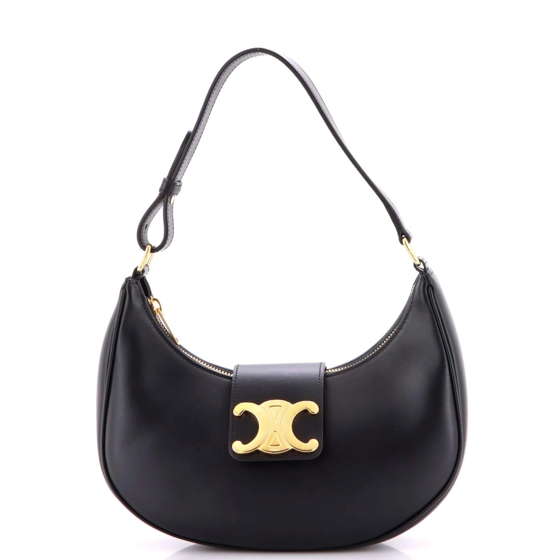 Leather Celine Bag Ava Triomphe: Leather Celine Bag Ava Triomphe Black leather Celine Ava Triomphe shoulder bag with gold hardware, featuring a classic design and subtle scuffs on exterior and interior. The bag measures 7.5" drop,
