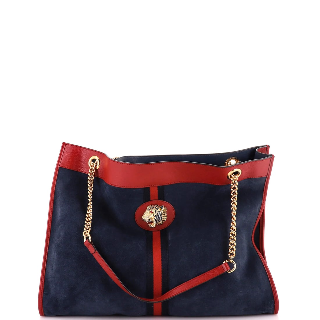 Suede Gucci Chain Large Rajah Tote: Suede Gucci Chain Large Rajah Tote Suede Gucci Chain Large Rajah Tote in Navy Blue, featuring a classic chain strap and a spacious interior with leather lining, measures 13.5" tall and 17" wide. The