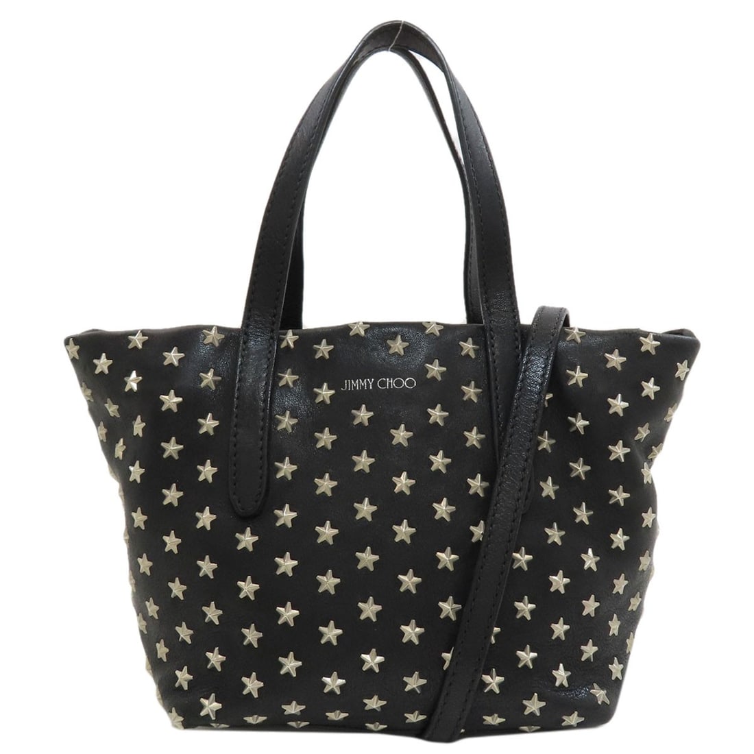 Jimmy Choo Mini Sarah Star Motif Studs 2Way Handbag Leather: Jimmy Choo Mini Sarah Star Motif Studs 2Way Handbag Leather Jimmy Choo Mini Sarah Star Motif Studs 2Way Handbag Leather is a sleek black handbag with a 6.5-inch height and 4.3-inch depth, featuring a