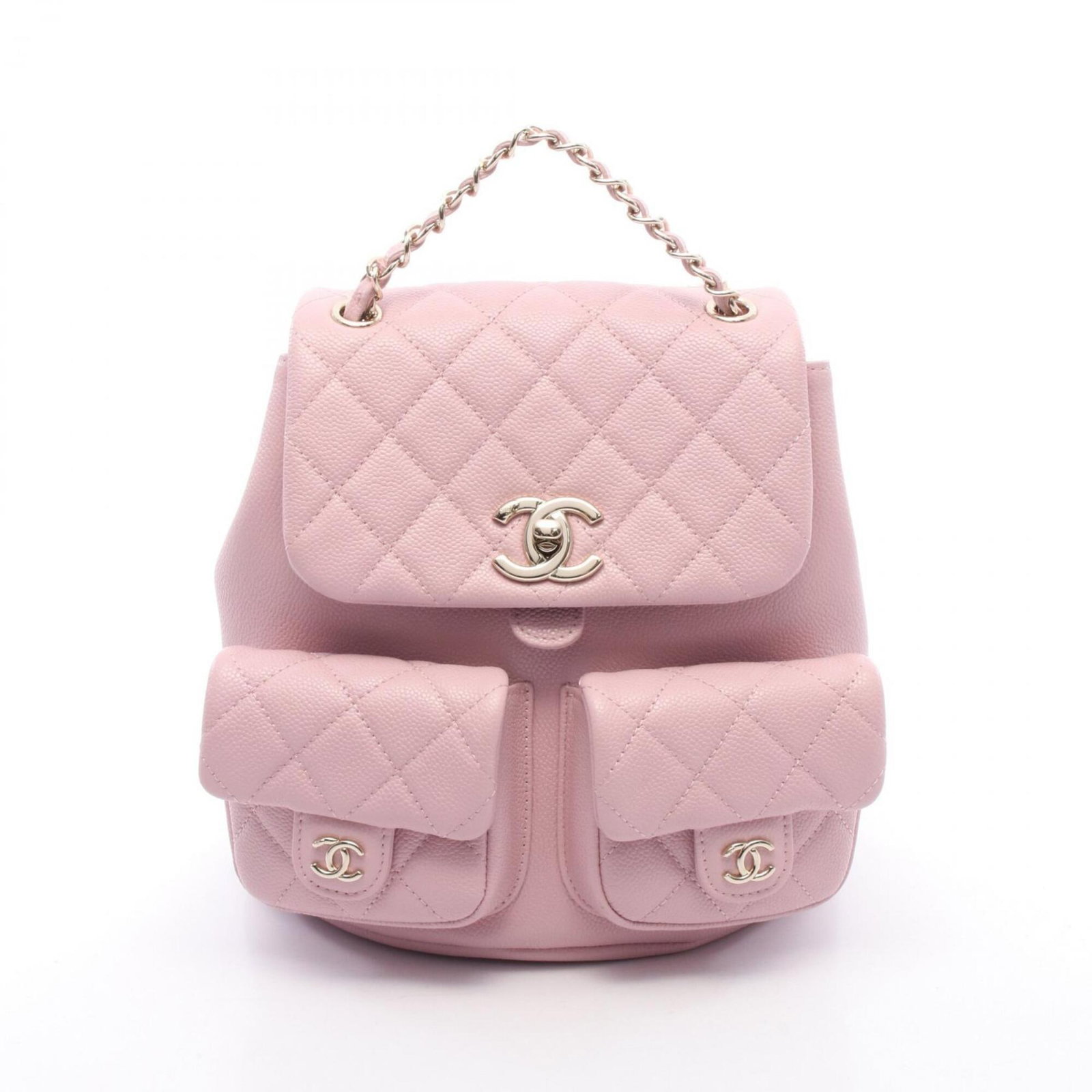 Calfskin Handbag Chanel Backpack: Calfskin Handbag Chanel Backpack Grained Calfskin backpack from Chanel, featuring a signature pink hue and gold hardware, with dimensions of 17cm x 18cm x 9.5cm. This stylish backpack is made from