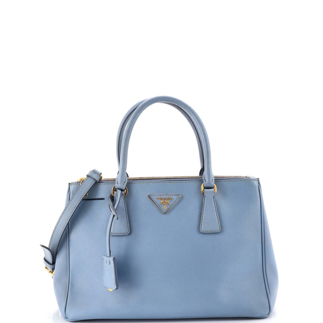Prada Double Zip Lux Tote Saffiano Leather Small: Prada Double Zip Lux Tote Saffiano Leather Small Saffiano leather in a vibrant blue hue, the Prada Double Zip Lux Tote boasts a sleek design with a double zip closure. Measuring 9" tall and 11.5"