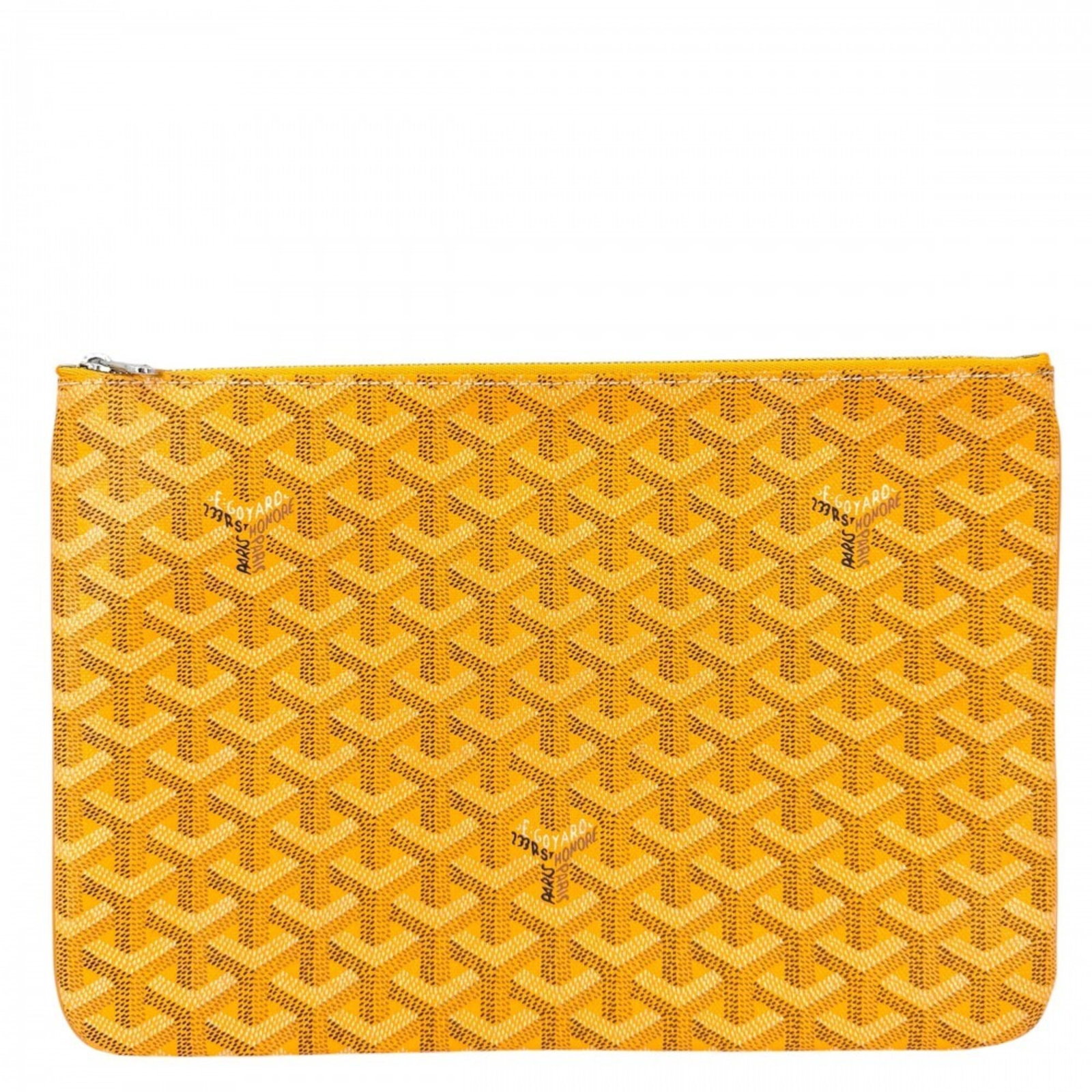 Canvas Leather Bag Goyard Coated: Canvas Leather Bag Goyard Coated Coated canvas and leather come together in this vibrant yellow Goyard clutch bag, measuring 20cm x 29cm x 1cm. The bag's coated canvas material provides a unique