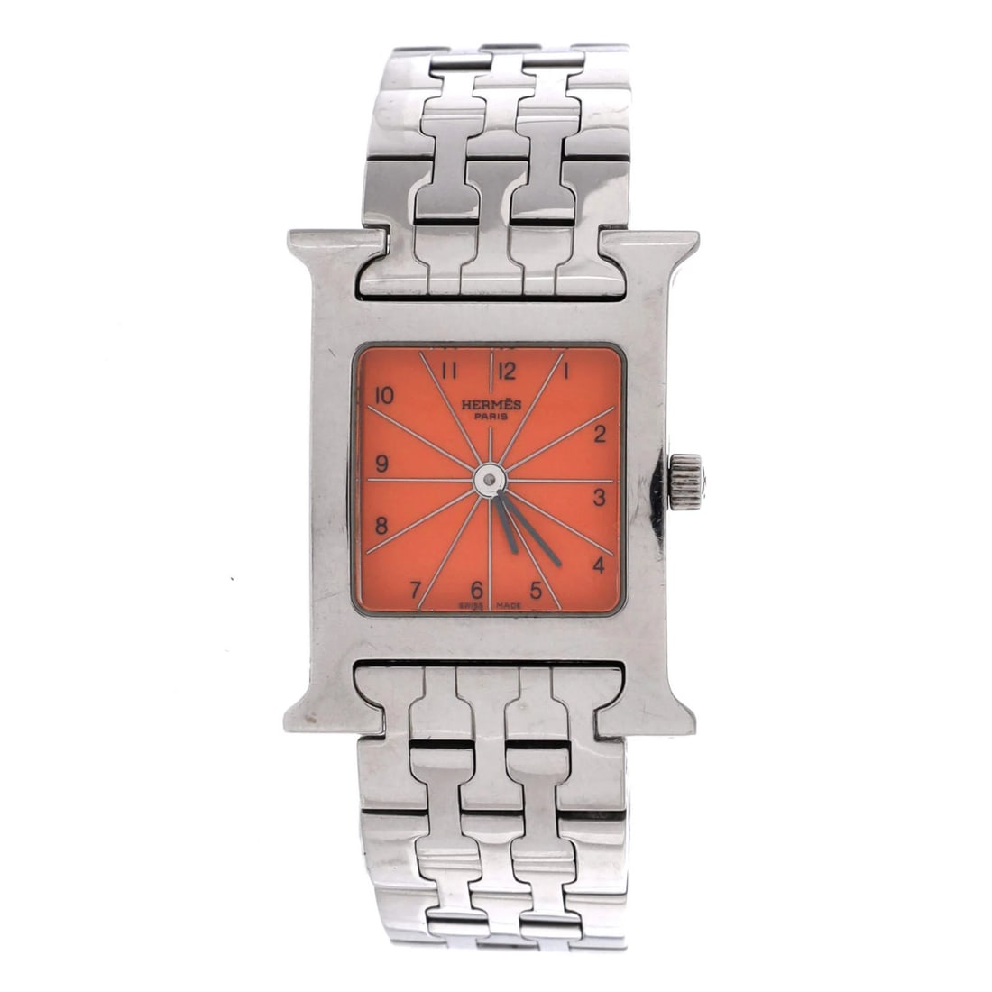 Hermes Heure H Quartz Watch Stainless Steel 21: Hermes Heure H Quartz Watch Stainless Steel 21 Stainless steel case and band, a sleek and modern design, define this Hermes Heure H Quartz Watch. The 21mm case size and 5.75" wrist circumference make