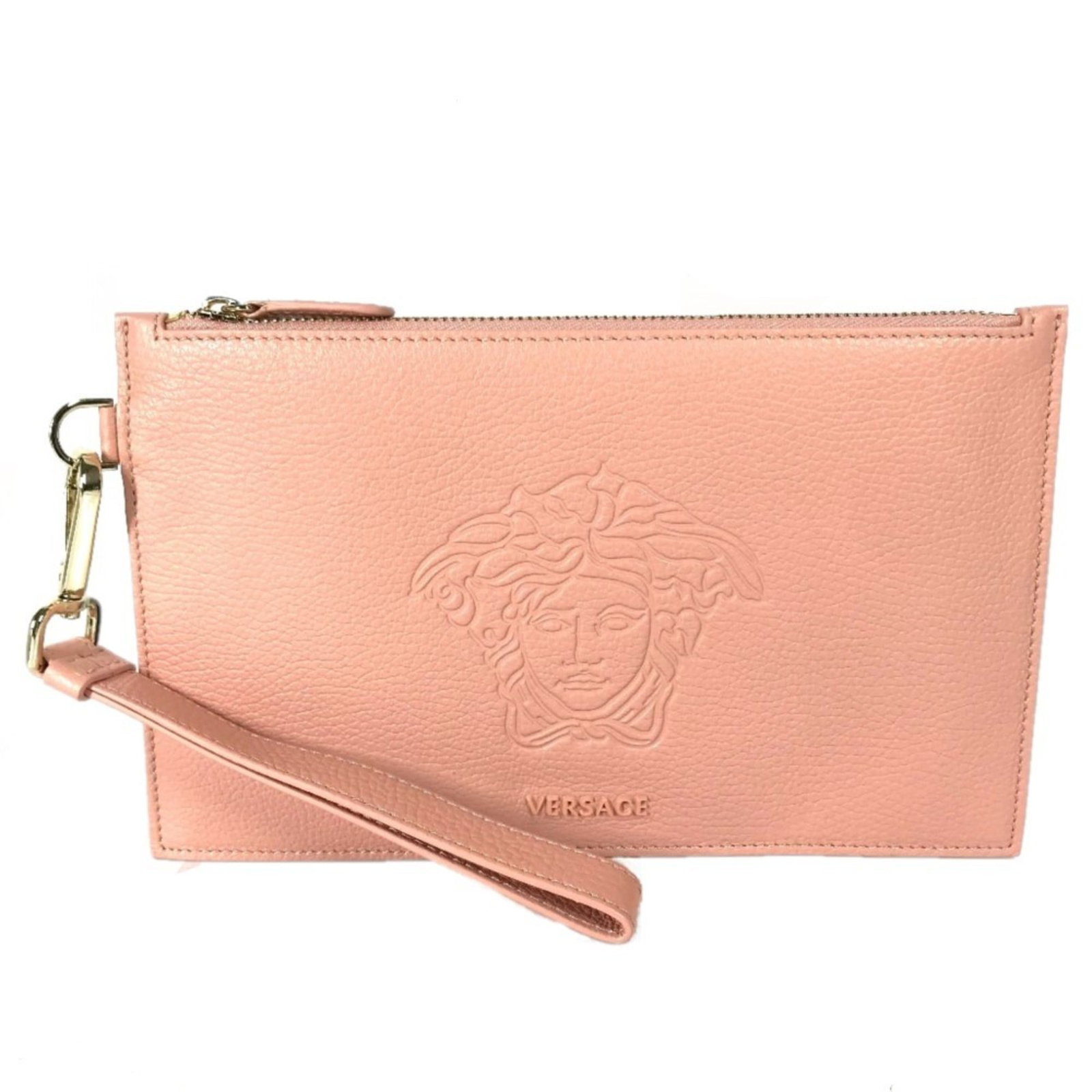 Clutch Bag Leather Versace: Clutch Bag Leather Versace Versace Medusa Bag Pouch with Strap Clutch Bag in Pink Leather. This stylish clutch bag features a sleek design with a gold zipper closure and an open pocket on the inside. 
