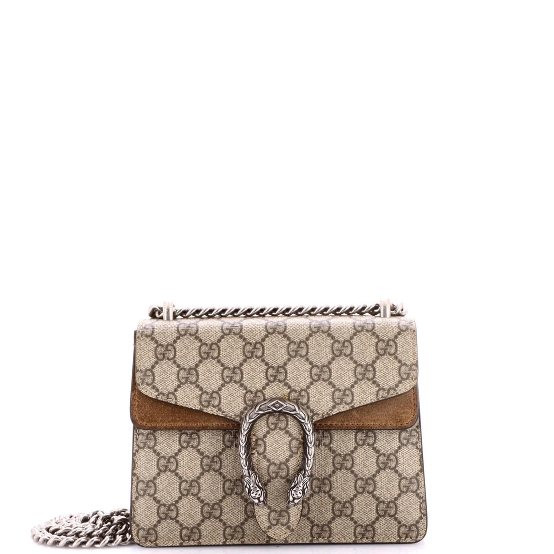 Gucci Coated Canvas Bag GG Dionysus Mini: Gucci Coated Canvas Bag GG Dionysus Mini The Gucci Coated Canvas Bag GG Dionysus Mini boasts a stylish, miniaturized version of the iconic GG Dionysus design, featuring a brown canvas exterior with su