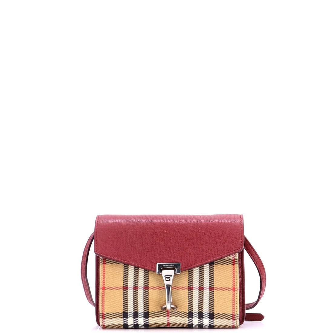 Vintage Leather Check Bag Crossbody Baby Burberry Macken: Vintage Leather Check Bag Crossbody Baby Burberry Macken Red leather and canvas plain exterior, a unique combination for this vintage Burberry Macken crossbody bag. Measuring 6" tall, 7.5" wide, and