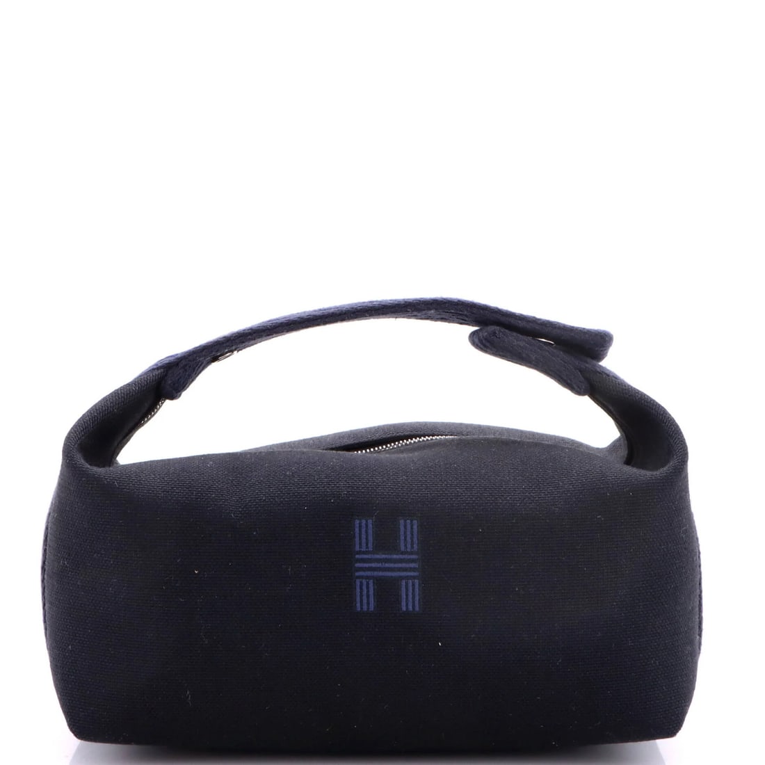 Hermes Bride-A-Brac Travel Case Toile PM: Hermes Bride-A-Brac Travel Case Toile PM Canvas plain exterior, black and blue, with neutral interior, this Hermes Bride-A-Brac Travel Case Toile PM measures 4" x 8" x 5". Minor stains and scratches a