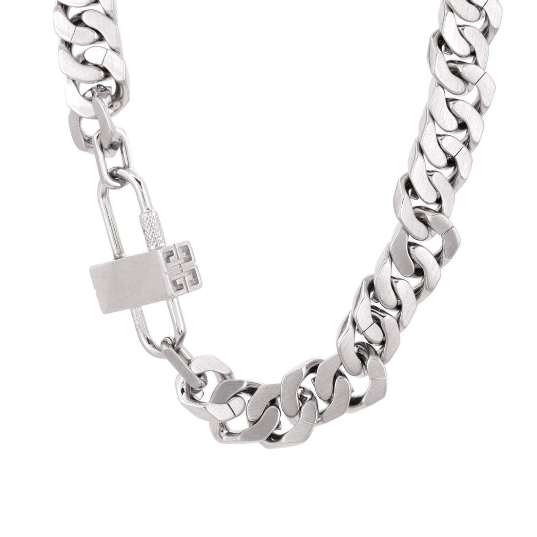 Metal G Chain Lock Necklace Station Givenchy: Metal G Chain Lock Necklace Station Givenchy This Givenchy G-Chain Station Necklace boasts a sleek, silver metal exterior with a classic lock design. The chain measures 20" in height and 15" in width,
