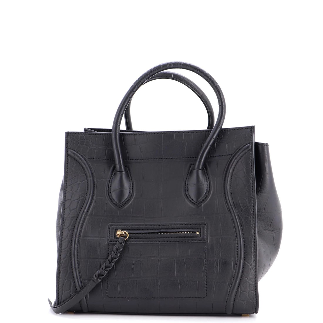 Crocodile Leather Embossed Medium Celine Phantom Bag: Crocodile Leather Embossed Medium Celine Phantom Bag Black crocodile embossed leather medium Celine Phantom Bag with a sleek design and classic style. This bag features a medium size with a 3.5"