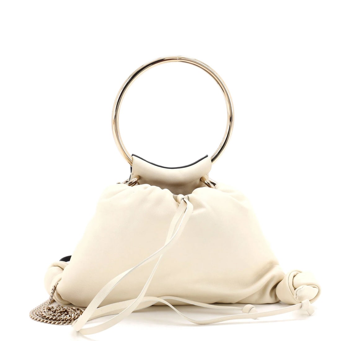 Leather Drawstring Bag Arlene Chloe: Leather Drawstring Bag Arlene Chloe The Arlene Drawstring Bag from Chloe boasts a sleek white leather exterior with a classic cross body design, complemented by a spacious interior and adjustable gold