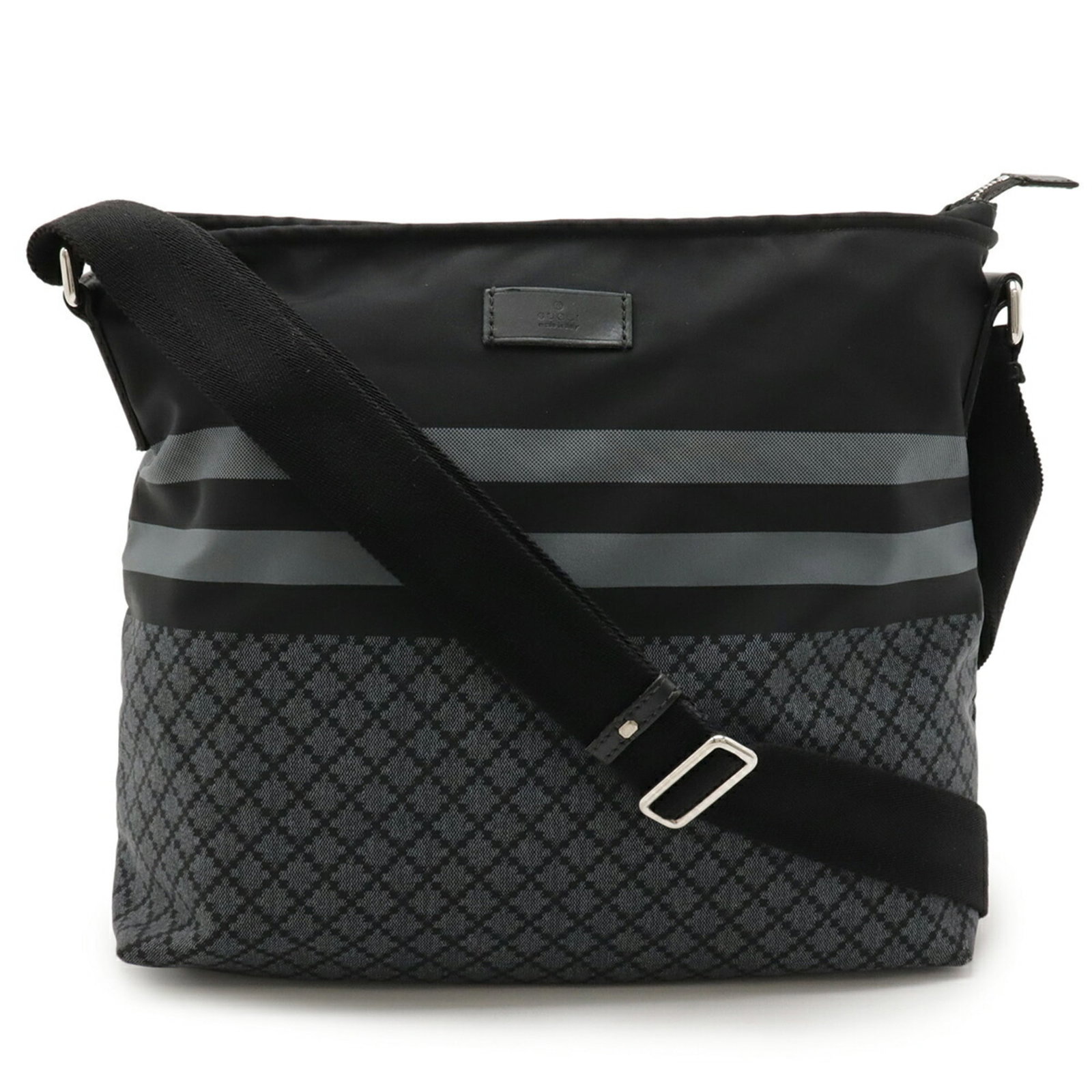 Nylon Leather Bag Shoulder Gucci: Nylon Leather Bag Shoulder Gucci Nylon and leather combine in this Gucci shoulder bag, available in black and gray. The bag measures 30cm x 33cm x 11cm and features a simple design. A signature is