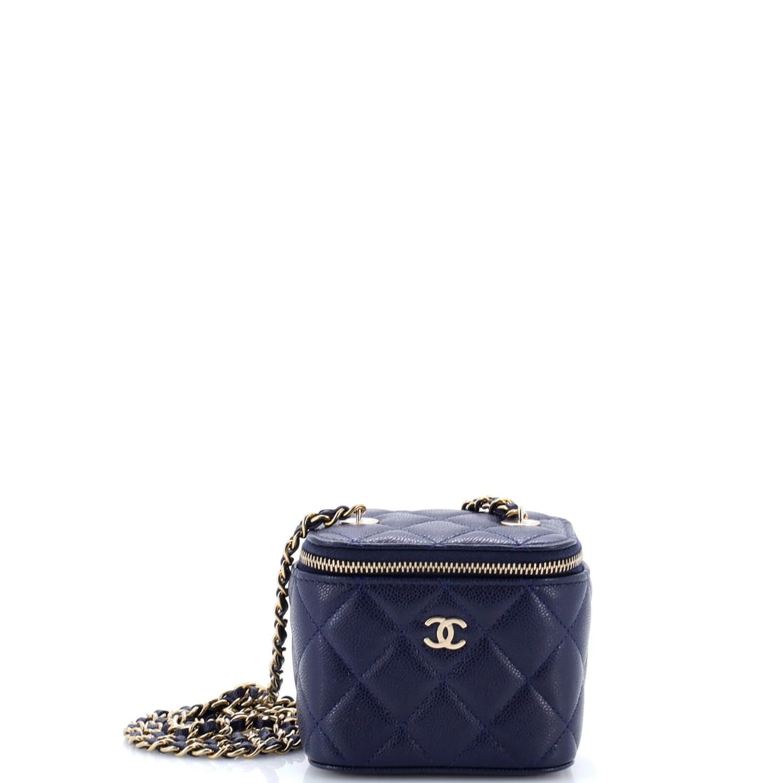 Vanity Case Quilted Caviar with Chain Classic Chanel: Vanity Case Quilted Caviar with Chain Classic Chanel Blue leather Classic Vanity Case with Chain Quilted Caviar Mini features a quilted design and gold tone hardware. This mini cosmetic case measures