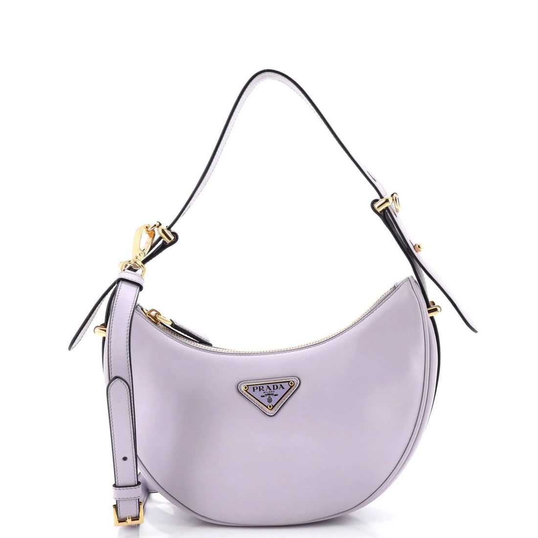 Half Moon Hobo Leather Small Prada Arque: Half Moon Hobo Leather Small Prada Arque Small Prada Arque Half Moon Hobo Leather Purse in Rich Purple, Exuding Classic Elegance. This stylish small Prada Arque hobo features a rich purple exterior,
