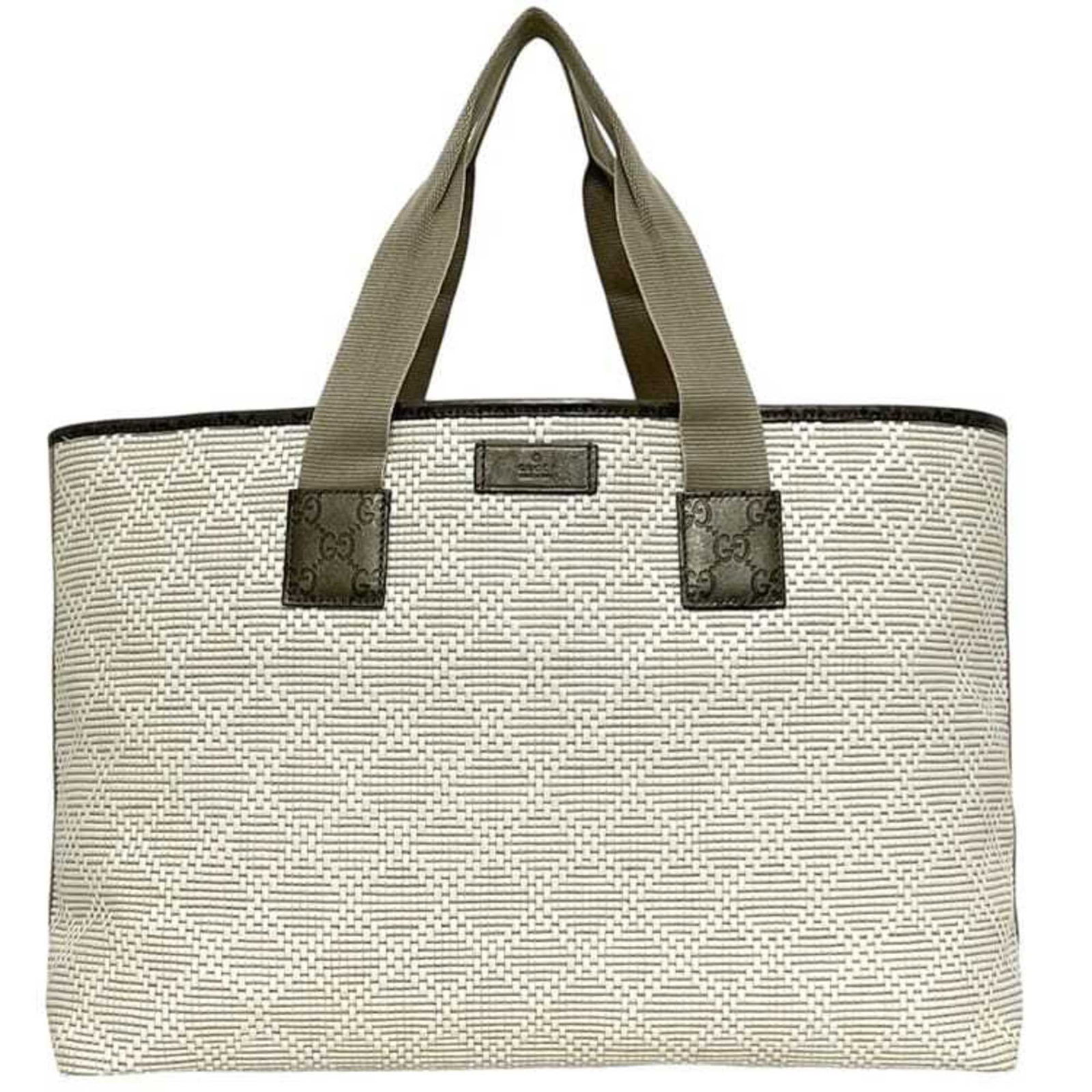 PVC Leather Tote Bag Gucci: PVC Leather Tote Bag Gucci PVC Leather Tote Bag from Gucci features a unique blend of PVC and leather materials, with a beige and white color combination. The bag measures 30.5cm x 44cm x 15.5cm,