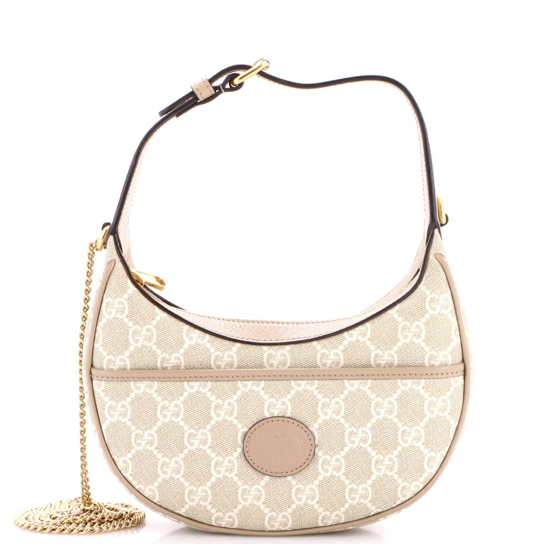 Mini GG Coated Canvas Hobo Patch Interlocking Moon Half Gucci: Mini GG Coated Canvas Hobo Patch Interlocking Moon Half Gucci Mini GG Coated Canvas Hobo Patch Interlocking Moon Half Gucci features a neutral exterior with minor scuffs and creases, while the