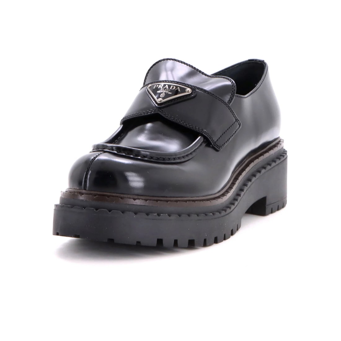 Women's Triangle Logo Loafers Leather Prada: Women's Triangle Logo Loafers Leather Prada Black Prada Women's Triangle Logo Loafers with Leather Upper and Silver Hardware, featuring a classic design with a triangle logo on the upper, are availabl