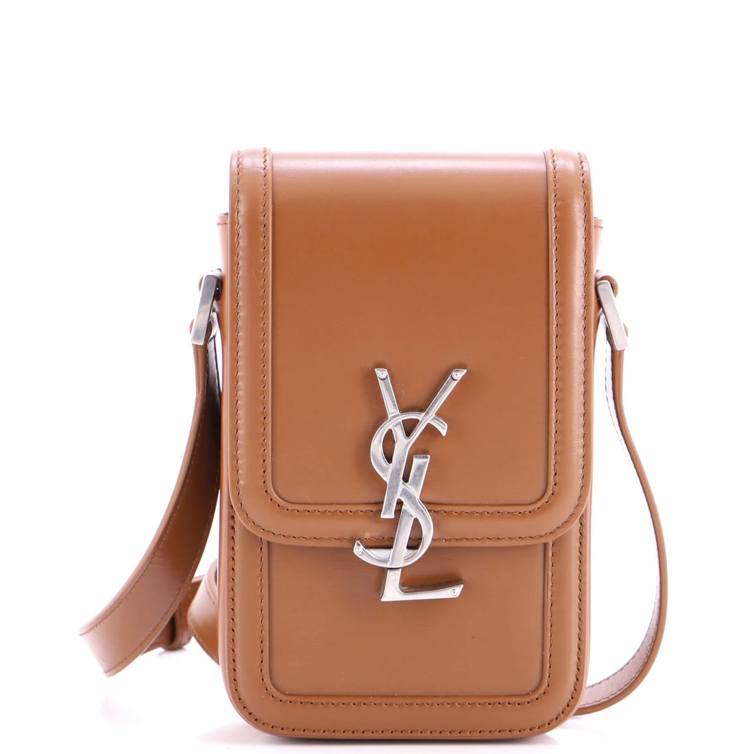 Mini Leather Bag Solferino Saint Laurent: Mini Leather Bag Solferino Saint Laurent Mini Leather Bag Solferino Saint Laurent, a stylish and compact cross body bag with a rich brown leather exterior, features a sleek design and silver hardware.