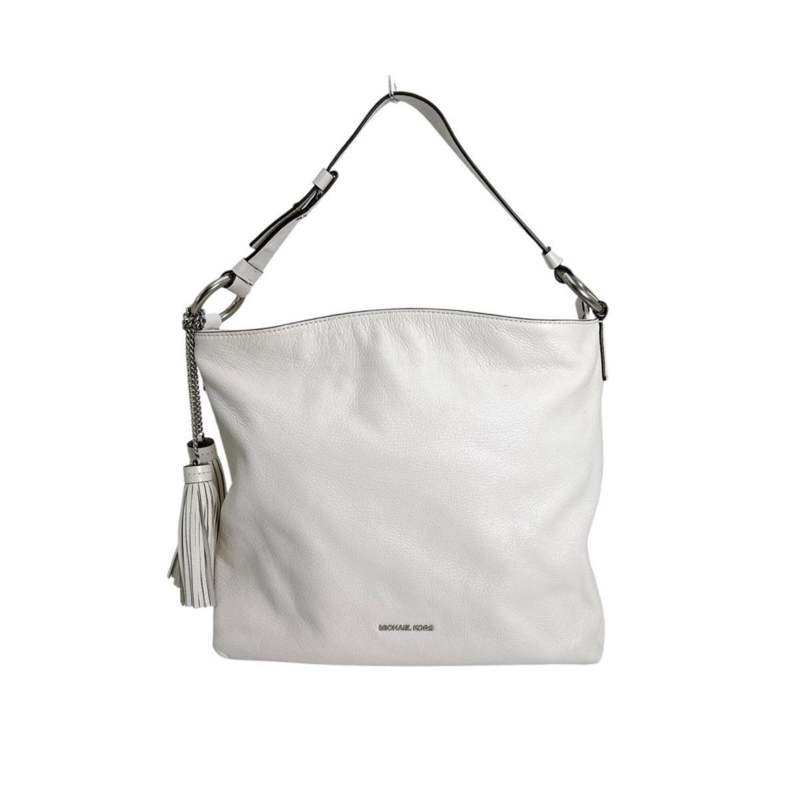 Handbag Leather Michael Kors Tote: Handbag Leather Michael Kors Tote This crisp white leather tote bag features a classic design with a zippered outer pocket, perfect for carrying essentials on-the-go. Made from high-quality leather,