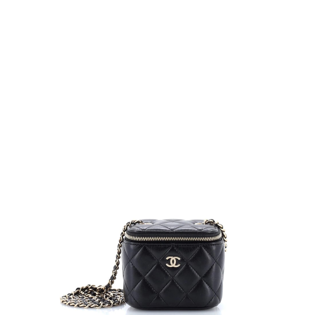 Chanel Classic Quilted Lambskin Chain Mini Vanity Case: Chanel Classic Quilted Lambskin Chain Mini Vanity Case The Chanel Classic Quilted Lambskin Chain Mini Vanity Case boasts a sleek black exterior with quilted lambskin detailing, adding a touch of