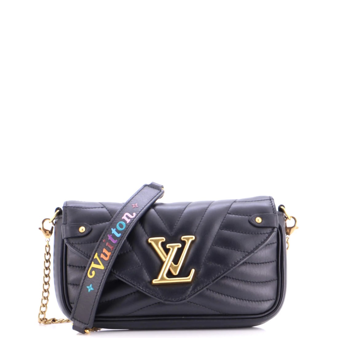 Quilted Leather Pochette Chain New Wave Louis Vuitton: Quilted Leather Pochette Chain New Wave Louis Vuitton Black Quilted Leather New Wave Chain Pochette by Louis Vuitton features a classic design with a quilted exterior and chain-link strap. The