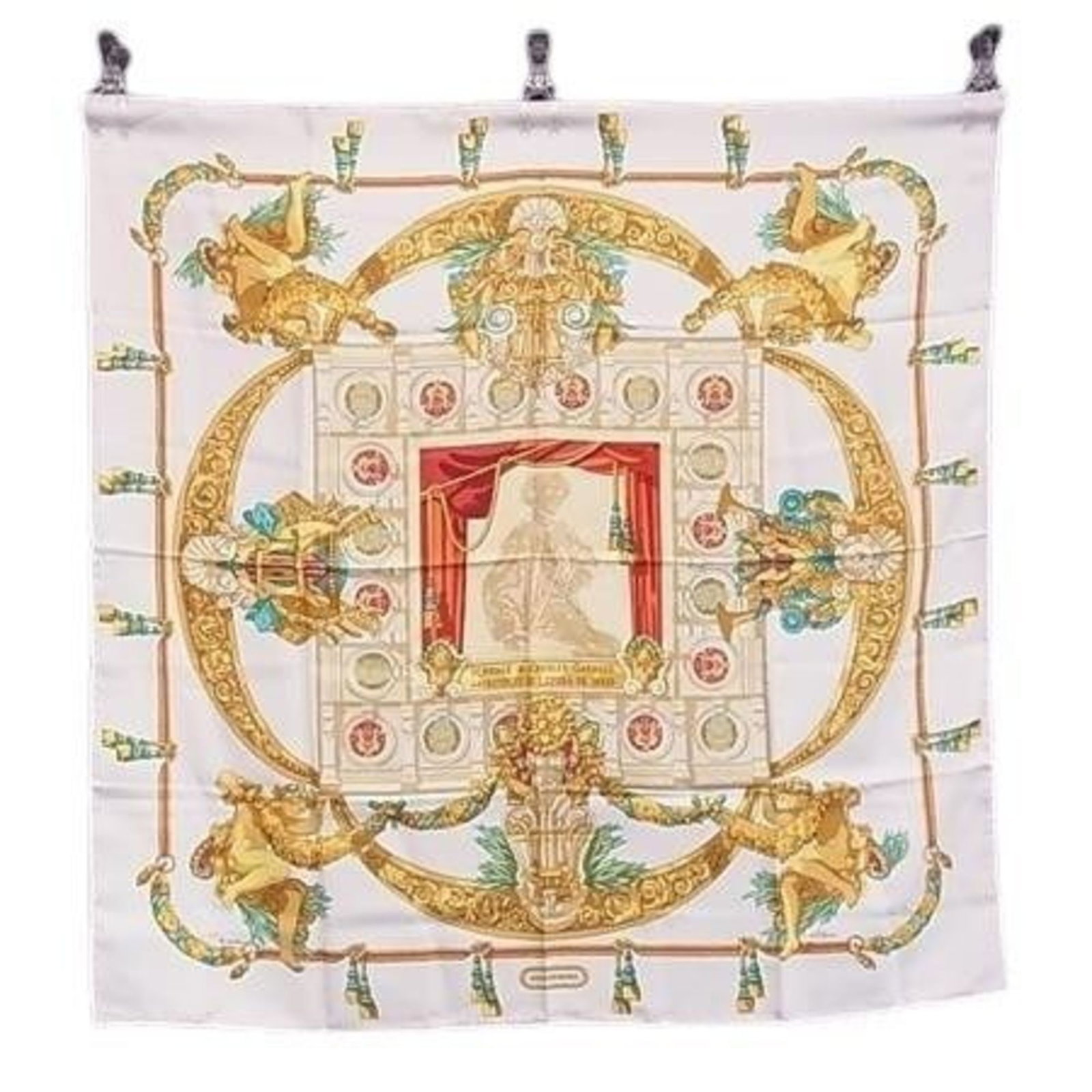 Silk Hermes Scarf 100: Silk Hermes Scarf 100 Silk Hermes Scarf 100 is a vibrant, multi-color silk scarf from France, measuring 89cm x 88cm. Made from 100% silk, this scarf features a unique design that showcases the craftsm