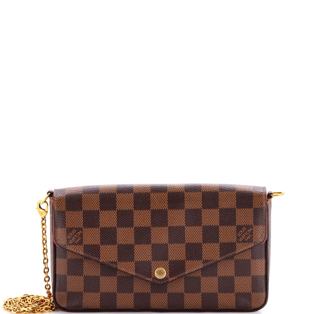 Damier Pochette Felicie Louis Vuitton: Damier Pochette Felicie Louis Vuitton The Damier Pochette Felicie Louis Vuitton is a classic cross body bag with a timeless design. Featuring a brown canvas exterior with a red leather interior, this