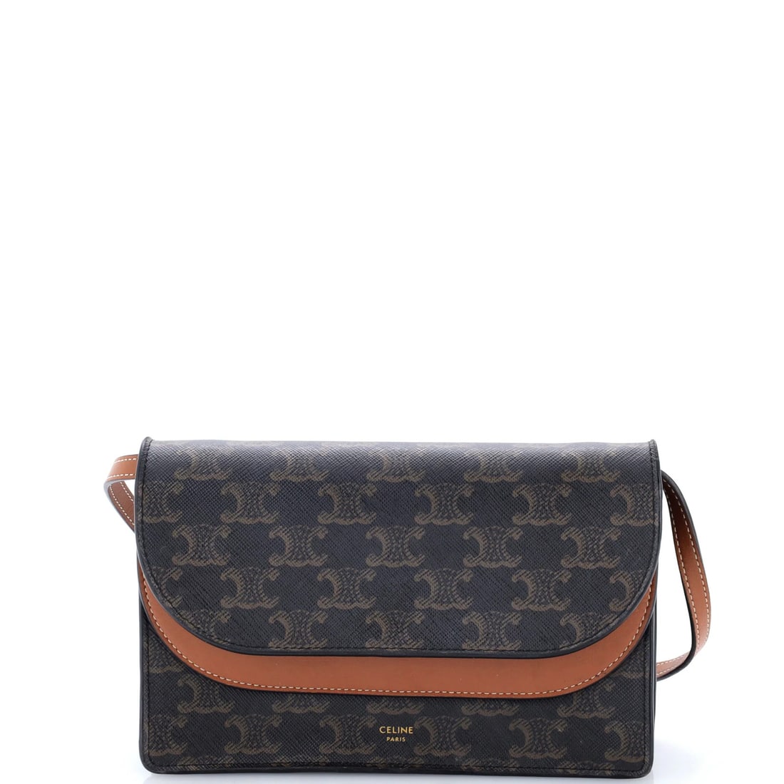 Celine Wallet on Strap Triomphe Coated Canvas: Celine Wallet on Strap Triomphe Coated Canvas The Celine Wallet on Strap Triomphe Coated Canvas boasts a rich, brown exterior with a canvas-coated leather finish, complemented by gold hardware. This