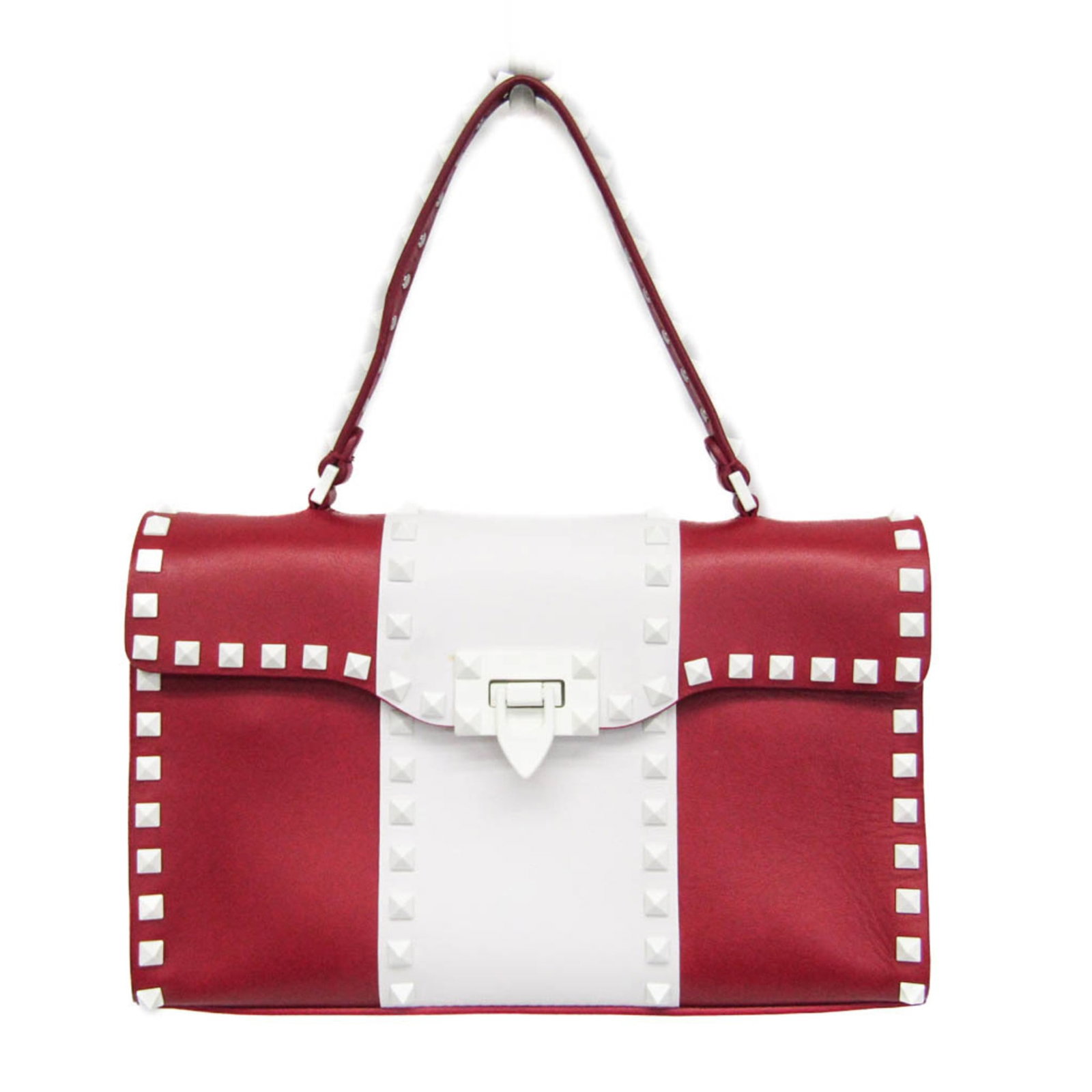 Garavani Valentino Handbag Leather Bag Shoulder: Garavani Valentino Handbag Leather Bag Shoulder Red leather shoulder bag with Spike Lockstuds from Valentino Garavani, featuring two zipper pockets and an open pocket, with a total weight of 700g.
