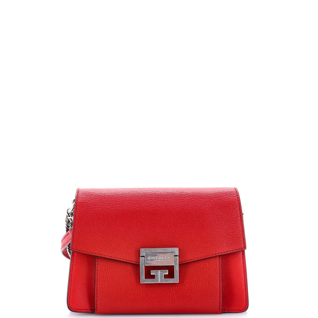 Small leather flap bag GV3 Givenchy: Small leather flap bag GV3 Givenchy Small leather flap bag GV3 Givenchy in rich red exterior, featuring a classic shoulder design with a silver-toned buckle. Measuring 6" tall and 8.5" wide, this