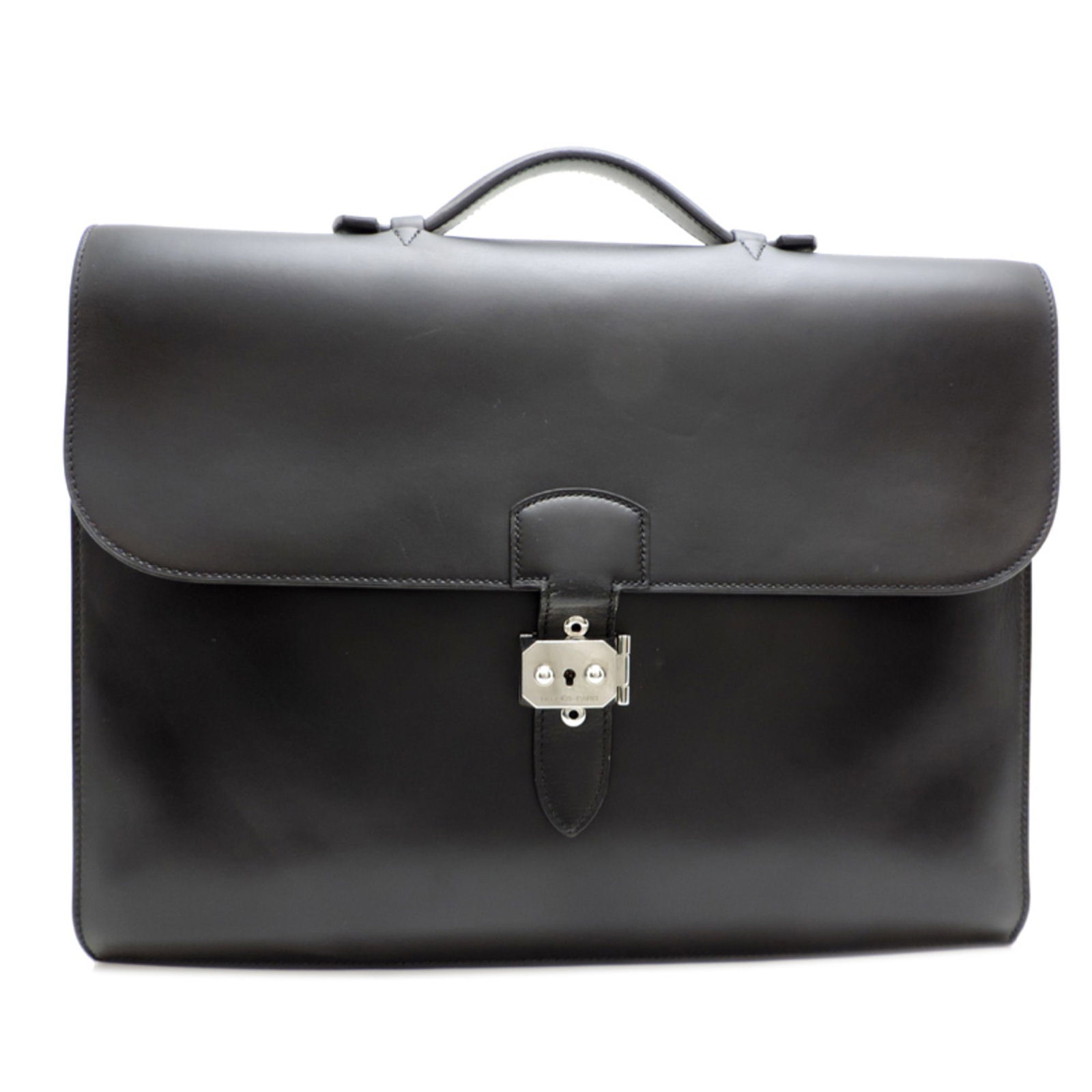 Calf Leather Briefcase Box Hermes: Calf Leather Briefcase Box Hermes Box calf leather briefcase from Hermes, made in France with a sleek black design. Measuring 28.5cm x 38.5cm x 9cm, this compact case features a sturdy build and a cla