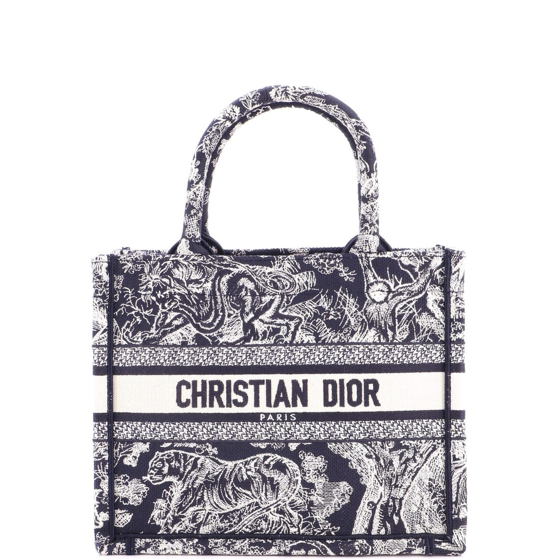 Canvas tote book embroidered small Christian Dior: Canvas tote book embroidered small Christian Dior Small Christian Dior embroidered canvas book tote in excellent condition, featuring a minor corner wear and discoloration on the exterior, and minor