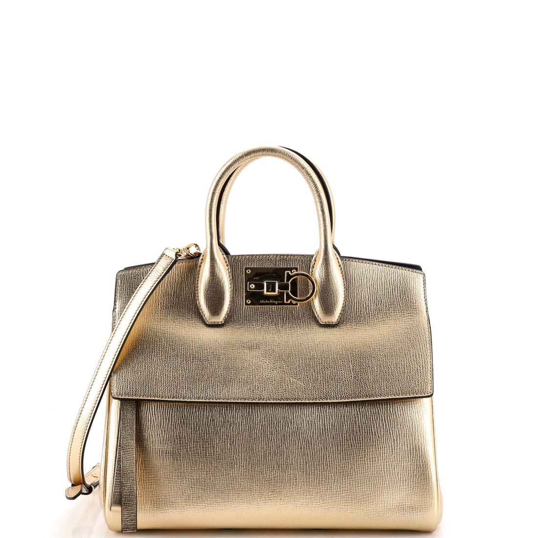 Ferragamo Studio Satchel Leather Small Salvatore: Ferragamo Studio Satchel Leather Small Salvatore Small Salvatore Ferragamo Studio Satchel Leather Gold. Made from high-quality leather, this small satchel features a gold exterior with a pochette and