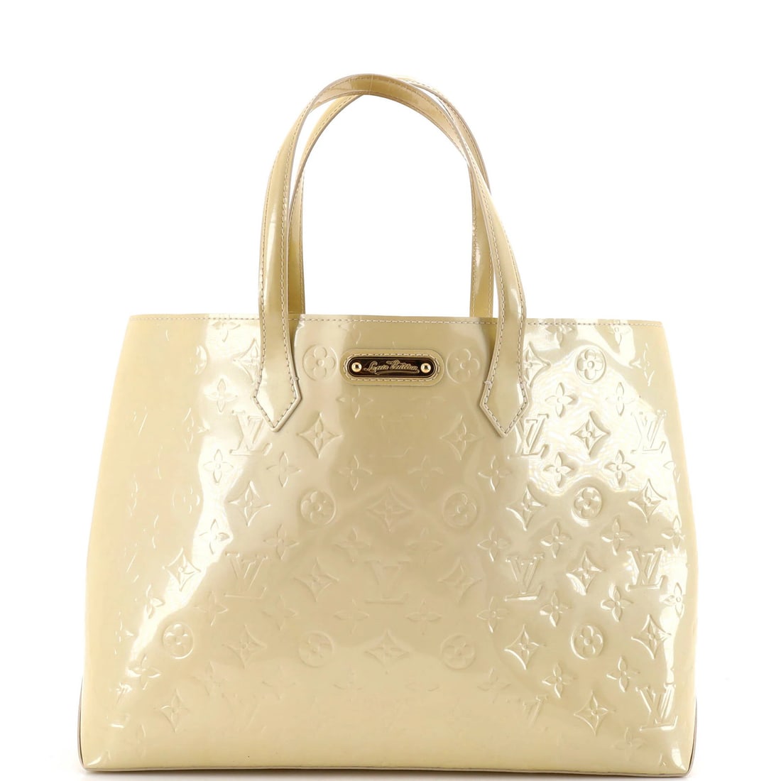 Louis Vuitton Wilshire Monogram Vernis Handbag MM: Louis Vuitton Wilshire Monogram Vernis Handbag MM Yellow Louis Vuitton Wilshire Monogram Vernis MM handbag in patent leather exterior with heavy discoloration, scuffs, and edge wear. The handbag