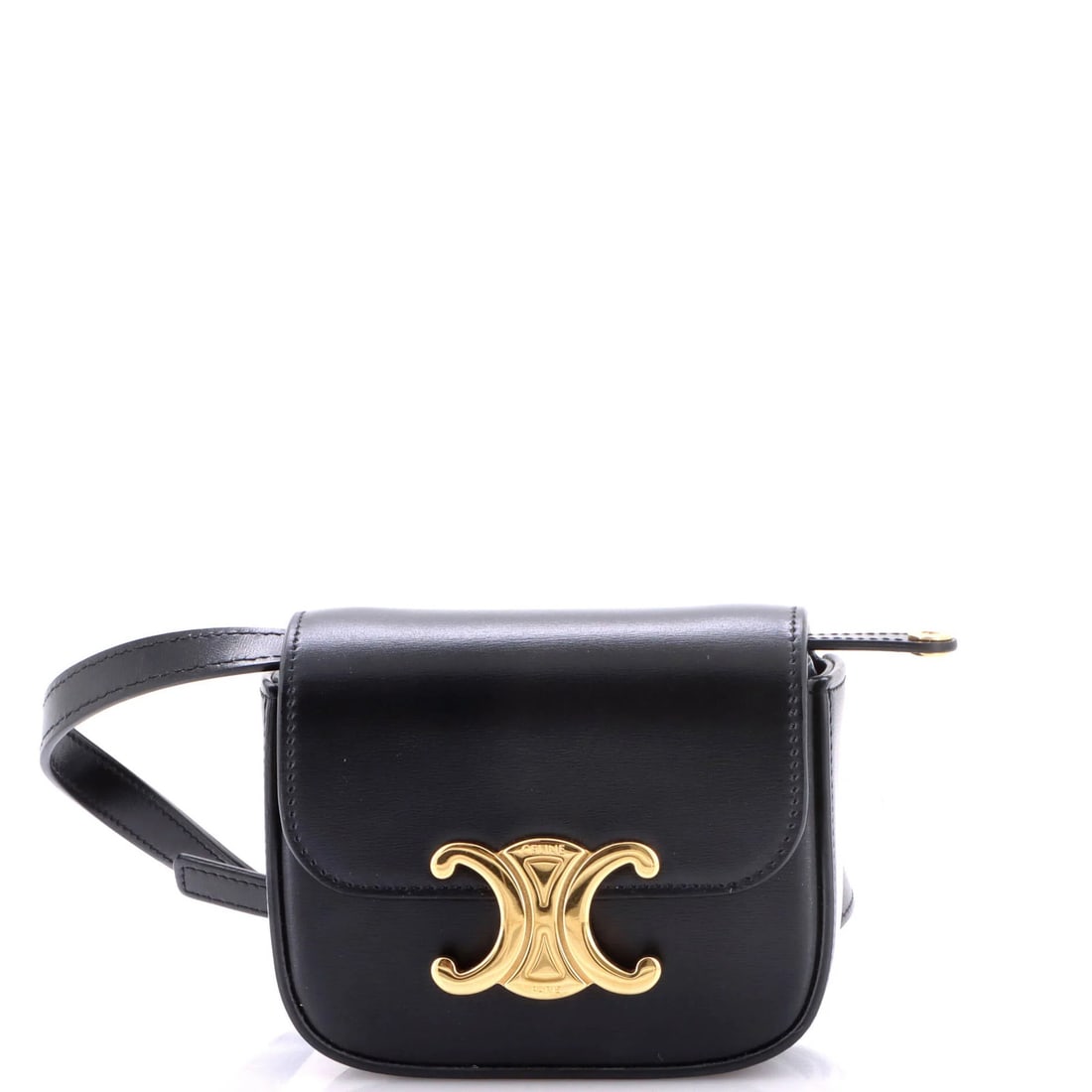 Claude Celine Leather Shoulder Mini Bag: Claude Celine Leather Shoulder Mini Bag Black leather shoulder bag with gold hardware, measuring 3.5" tall, 4" wide, and 2" deep, featuring a classic design with minor scuffs and creases. The bag's