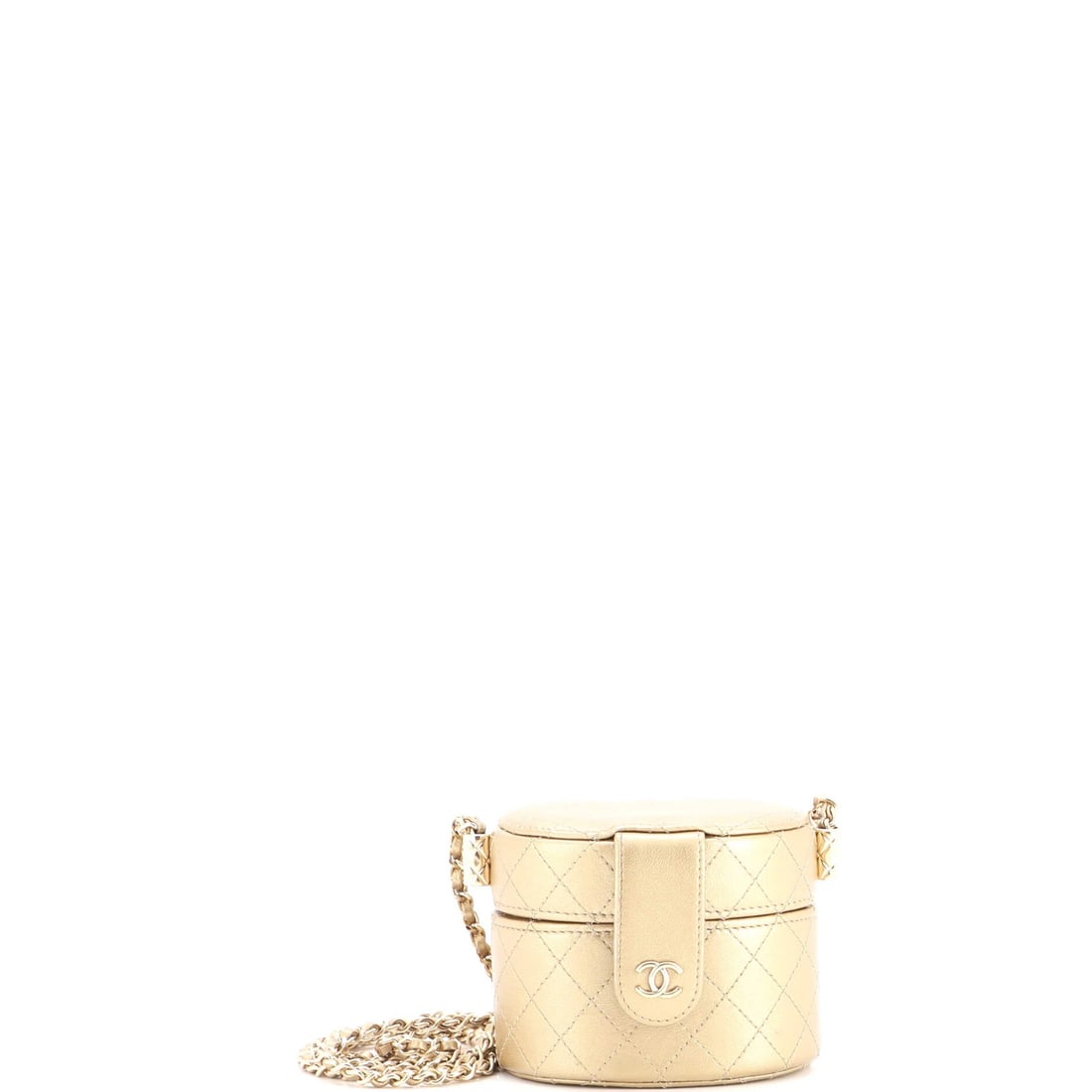 Chanel CC Allure Lambskin Quilted Mini Chain Case Vanity: Chanel CC Allure Lambskin Quilted Mini Chain Case Vanity The CC Allure Lambskin Quilted Mini Chain Case Vanity from Chanel boasts a sleek, gold exterior with intricate quilted details, adding a touch