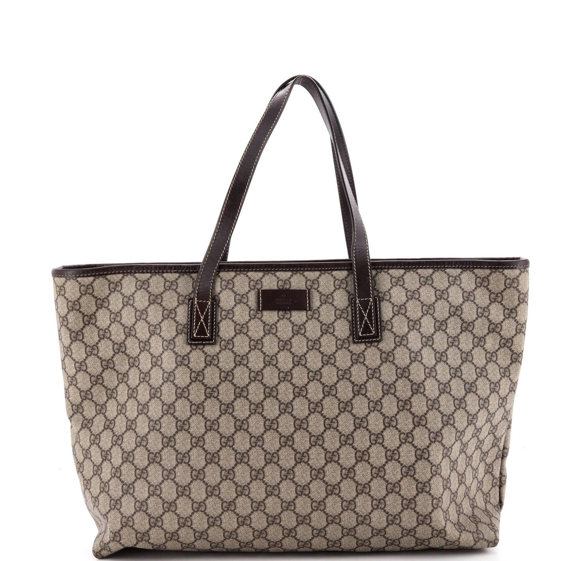 Gucci Tote Large Plus Coated Canvas GG Leather: Gucci Tote Large Plus Coated Canvas GG Leather Brown Gucci Large Plus Tote in Canvas Coated GG Leather, featuring a spacious interior and silver hardware, measures 11" tall, 16" wide, and 5" deep.