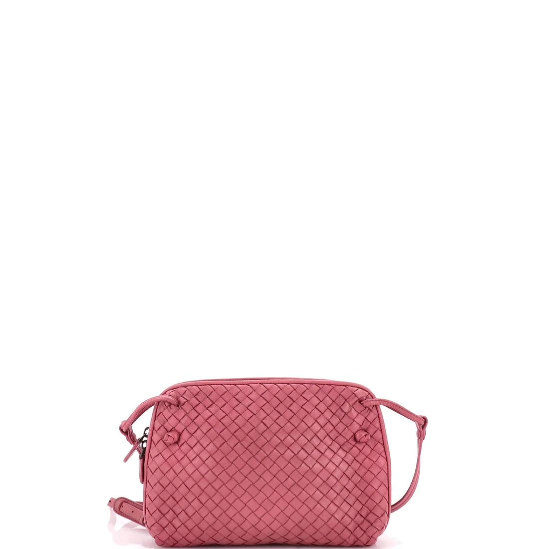 Veneta Bottega Nappa Small Intrecciato Crossbody Bag: Veneta Bottega Nappa Small Intrecciato Crossbody Bag Pink Bottega Veneta Nodini Intrecciato Nappa Small Crossbody Bag with minor scuffs and creases, featuring a repainted exterior and microfiber