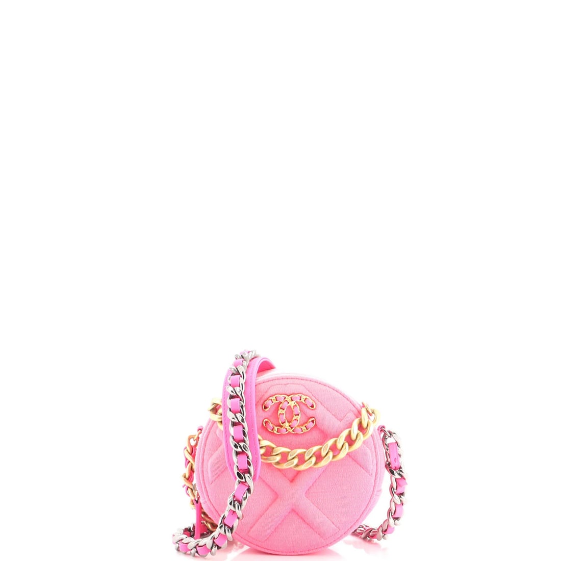 Chanel Jersey Chain Quilted Clutch Round 19: Chanel Jersey Chain Quilted Clutch Round 19 Pink Jersey Cross Body Clutch with Chain Quilted Exterior and Pink Interior. This Chanel Round Clutch features a unique Jersey material and chain quilted de