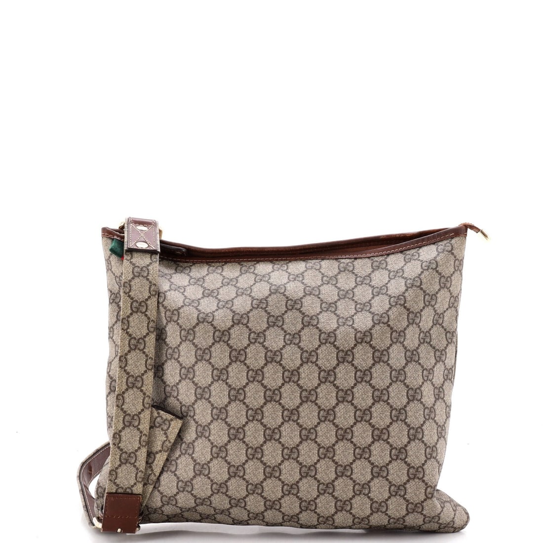 Flat Large Canvas Coated Messenger GG Gucci Web Loop: Flat Large Canvas Coated Messenger GG Gucci Web Loop Brown canvas coated GG Gucci web loop flat large messenger bag with neutral interior and gold tone hardware. Features a sturdy handle and adjustabl
