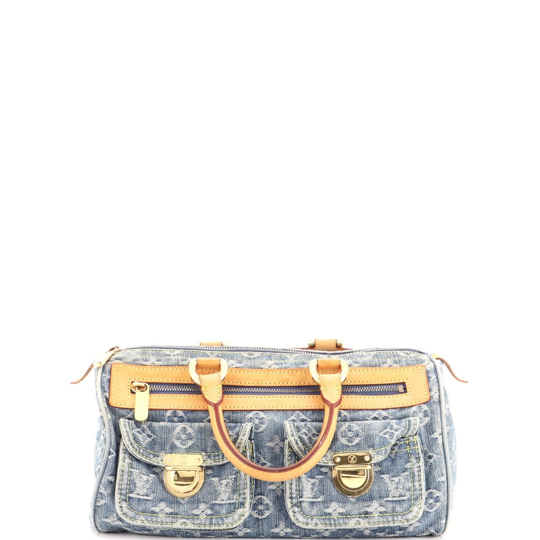 Louis Vuitton Speedy Bag Denim: Louis Vuitton Speedy Bag Denim The Louis Vuitton Speedy Bag Denim is a unique, pre-owned piece featuring a distinctive denim exterior with a blue hue and orange interior. Notable for its bold,